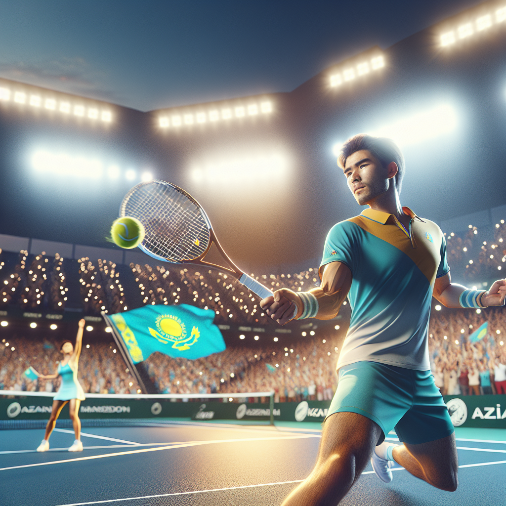 Kazakhstani tennis players competing at international tournament, night stadium lights, national colors