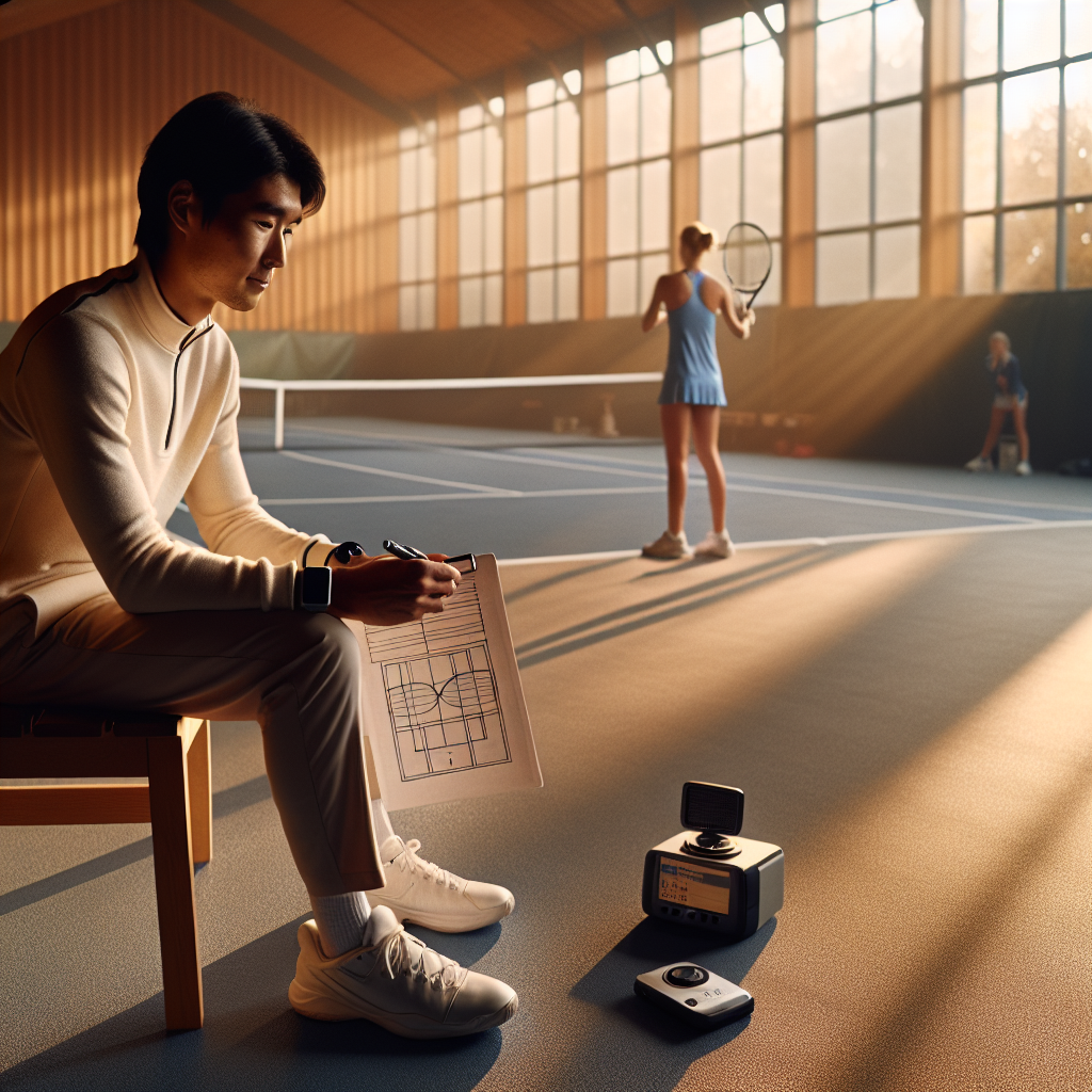 Kazakhstan tennis coach mentoring player courtside before autumn tournament series preparation